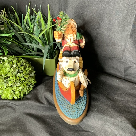 Vintage 1999 David Frykman Folk art Santa in Canoe with Polar Bear & Reindeer - Picture 2 of 12